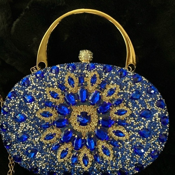 Ramla Sapphire Blue Jeweled bag with removable handles- Chain/Clutch/Handbag - Picture 2 of 7